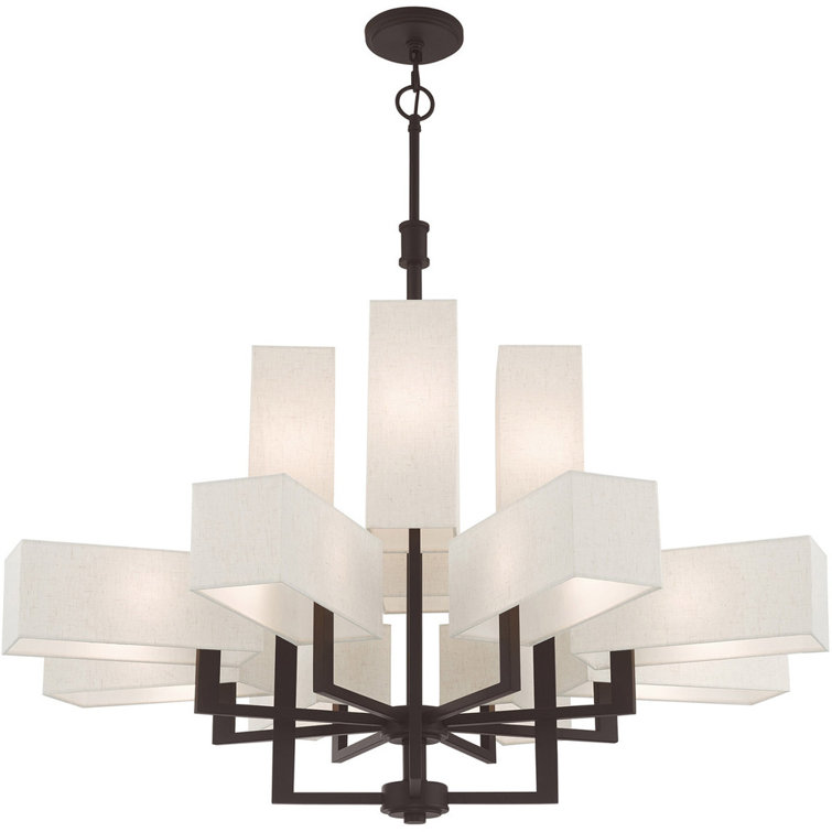 Bronze 12-Light Chandelier with Oatmeal Fabric Shades