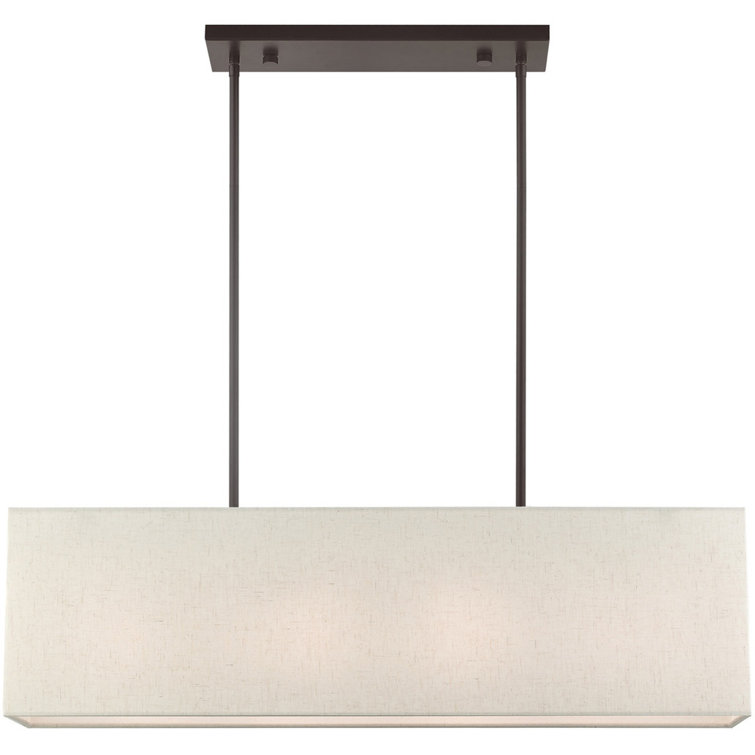 English Bronze Linear Chandelier with Oatmeal Fabric Shade