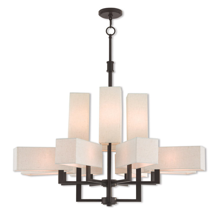 Bronze 12-Light Chandelier with Oatmeal Fabric Shades