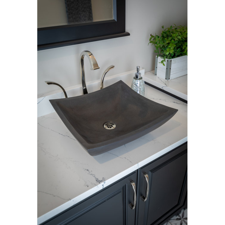 Honed Black Lava Stone Square Vessel Sink, 15.5"