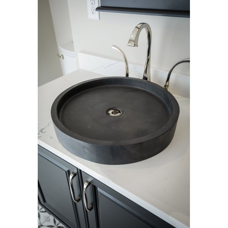 Sleek Honed Black Lava Stone 18'' Circular Vessel Bathroom Sink