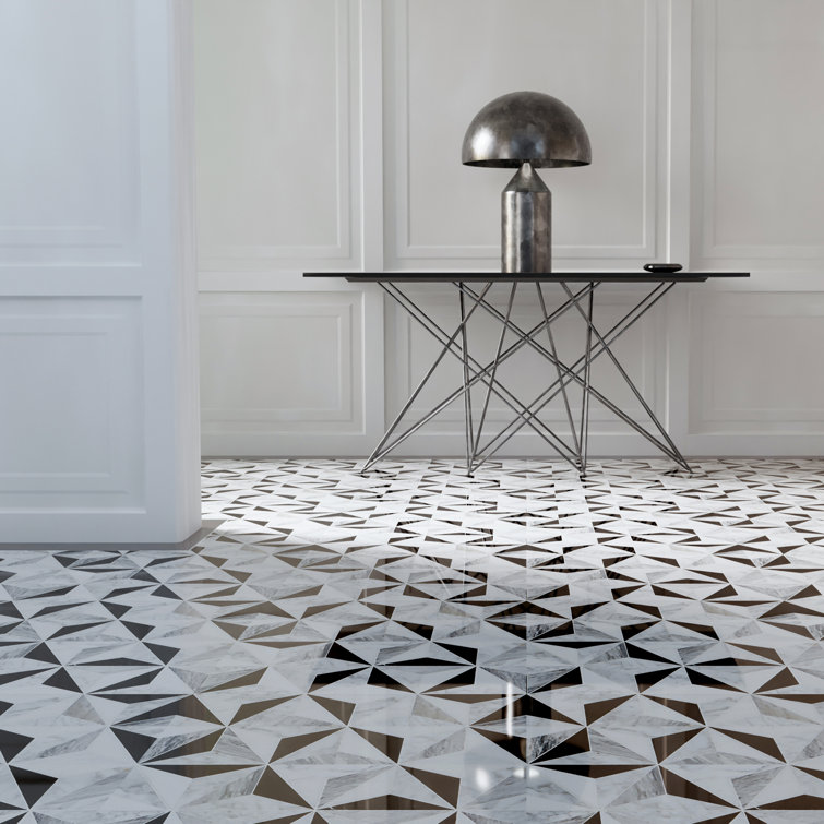 Phantom Black and White Geometric Marble Mosaic Tile