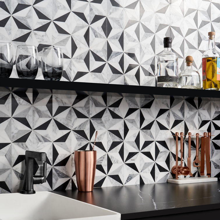 Phantom Black and White Geometric Marble Mosaic Tile