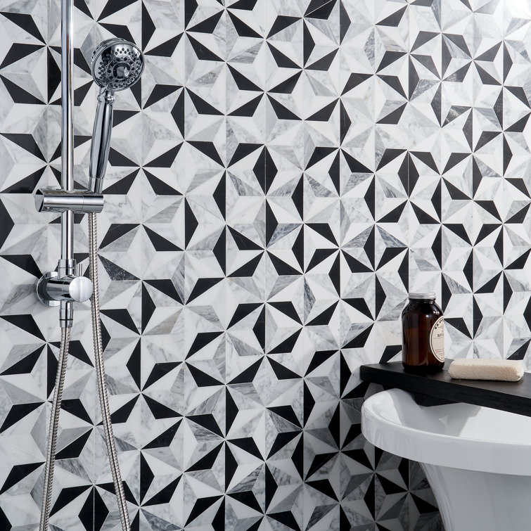 Phantom Black and White Geometric Marble Mosaic Tile