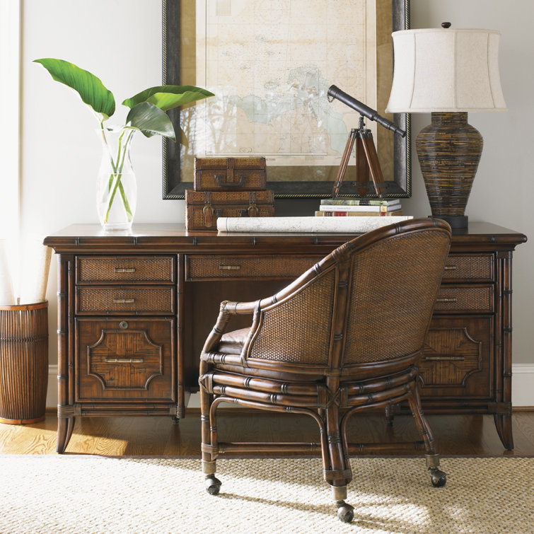 Brown Rattan Transitional Home Office Desk with 4 Drawers