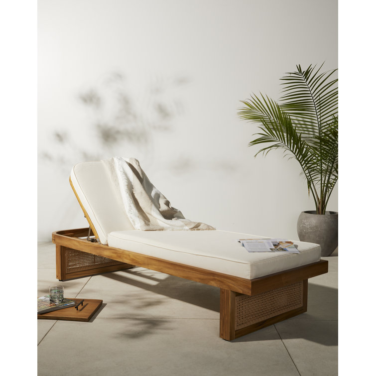 Natural Teak and White Cushioned Adjustable Chaise Lounger