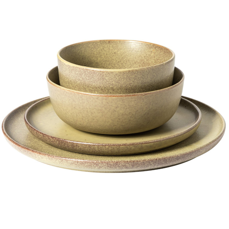 Toast Cream Ceramic 16-Piece Double Bowl Dinnerware Set