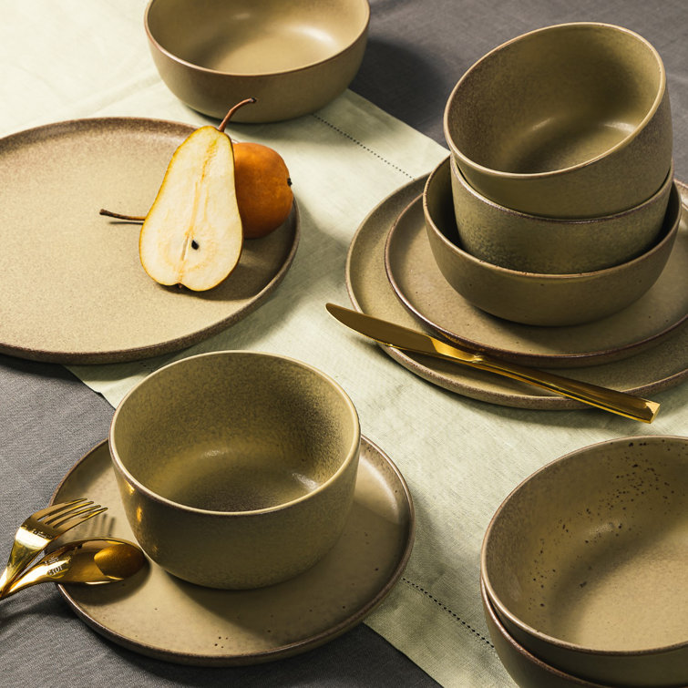 Toast Cream Ceramic 16-Piece Double Bowl Dinnerware Set