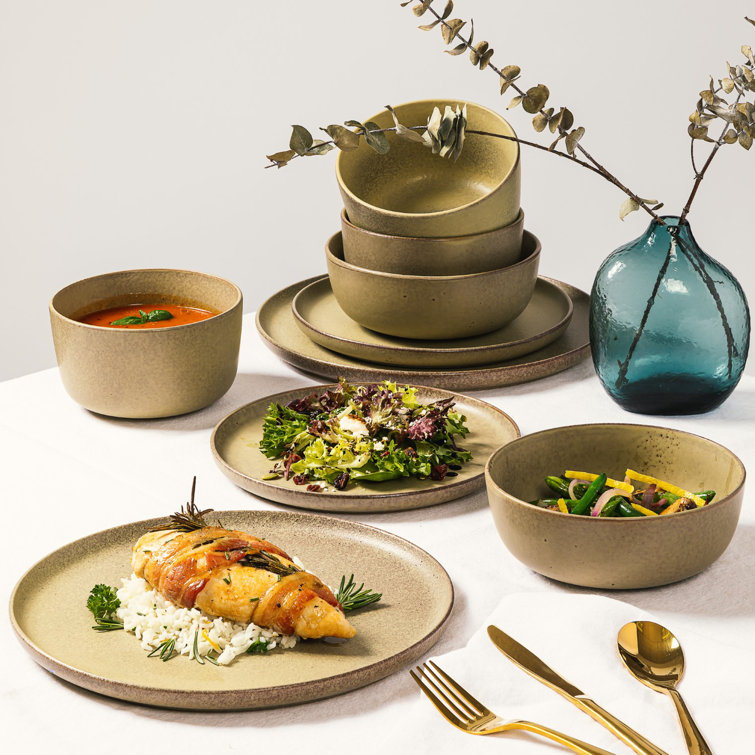 Toast Cream Ceramic 16-Piece Double Bowl Dinnerware Set