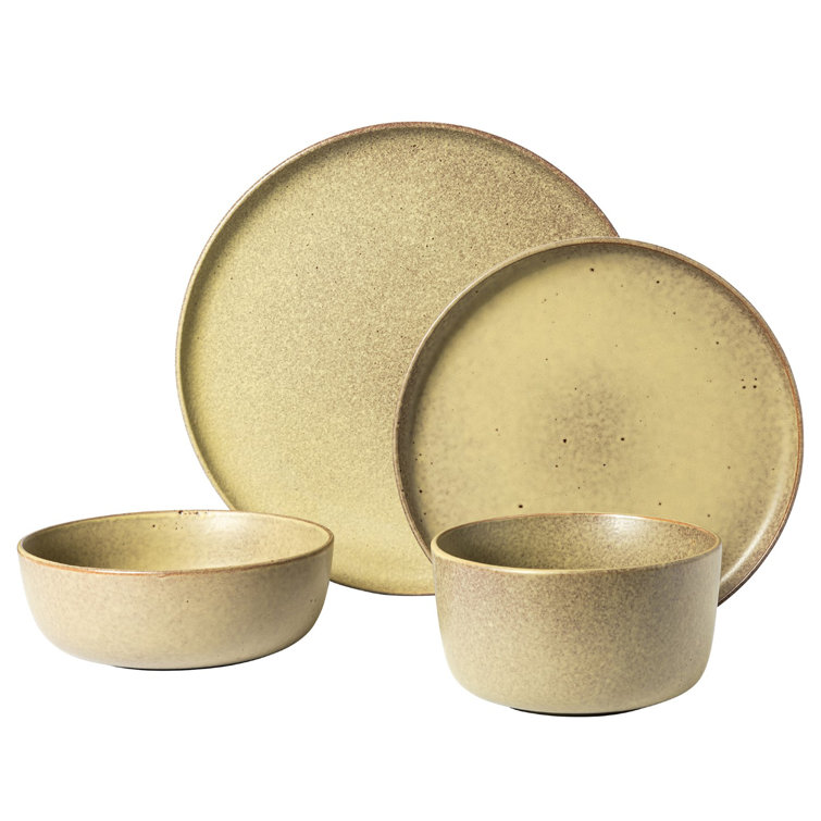Toast Cream Ceramic 16-Piece Double Bowl Dinnerware Set