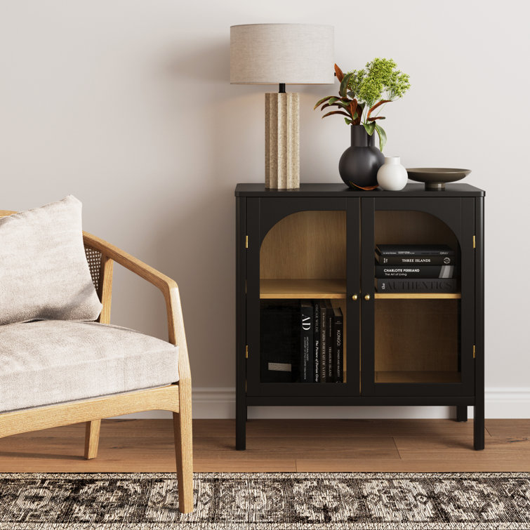 Mason Black and Oak Sideboard Buffet with Glass Doors