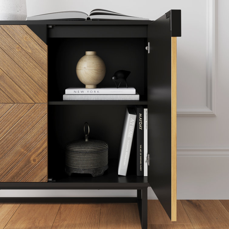 Enloe Black and Wood Herringbone Console Table with Storage