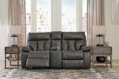 Gray Faux Leather Tufted Reclining Loveseat with Storage