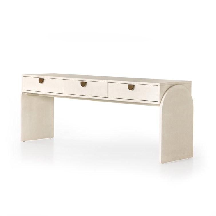 Modern Ivory Painted Linen Demilune Console with Storage