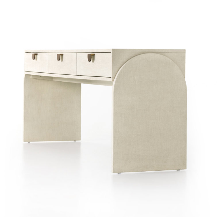 Modern Ivory Painted Linen Demilune Console with Storage