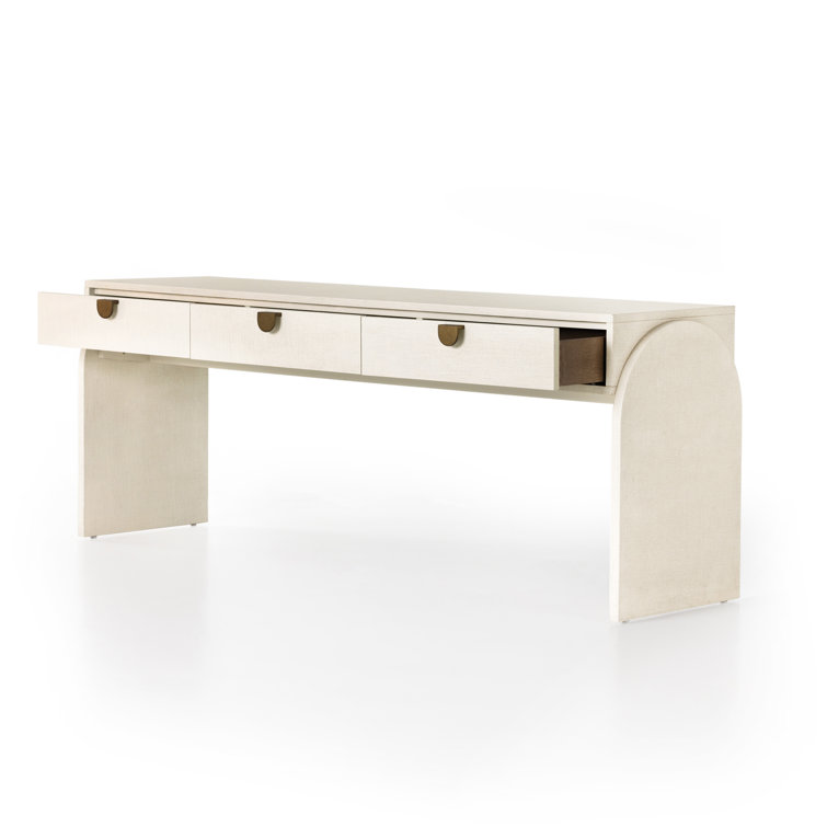 Modern Ivory Painted Linen Demilune Console with Storage