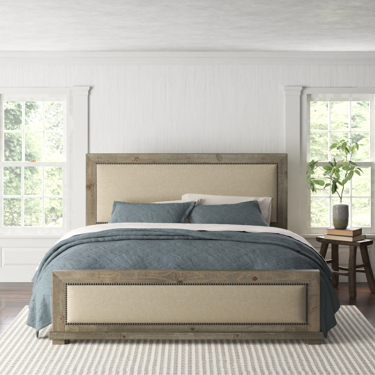 Willow Rustic Beige Queen Upholstered Bed with Nailhead Trim