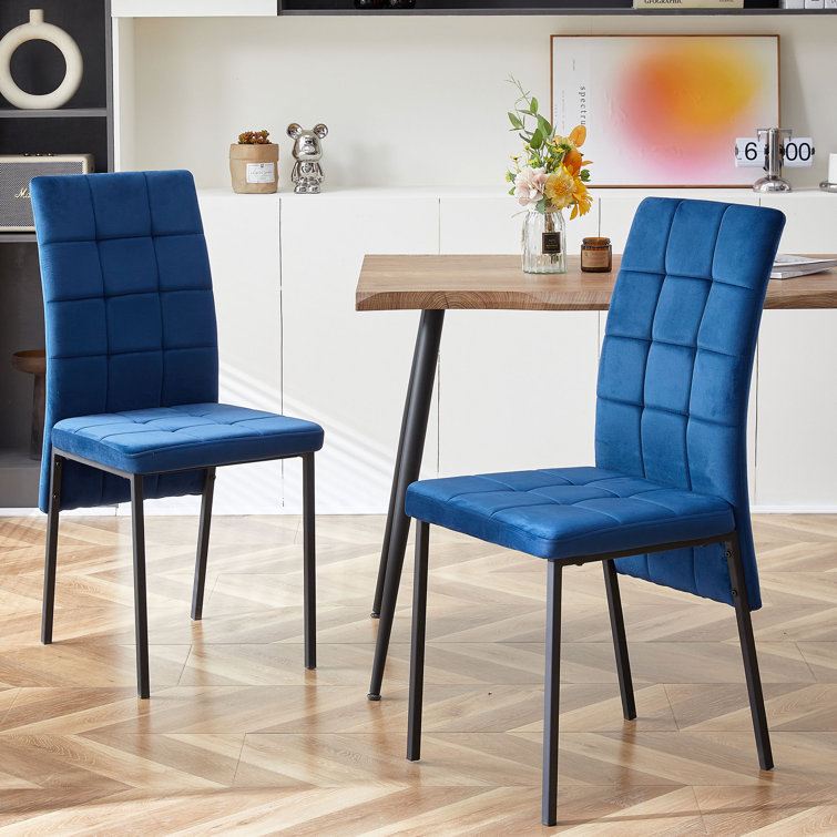 Navy Blue Velvet High Back Side Chairs with Black Metal Legs, Set of 4
