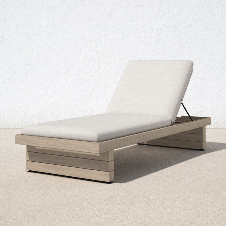 Brown Teak Single Chaise Lounge with Stone Gray Cushions