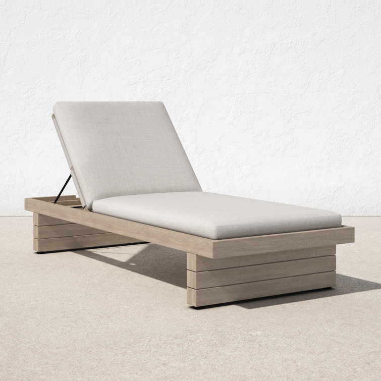 Brown Teak Single Chaise Lounge with Stone Gray Cushions