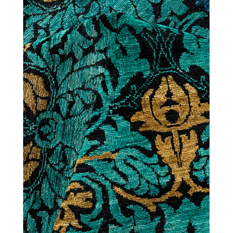 Hand-Knotted Black Floral Wool Rectangular Area Rug 8' x 10'