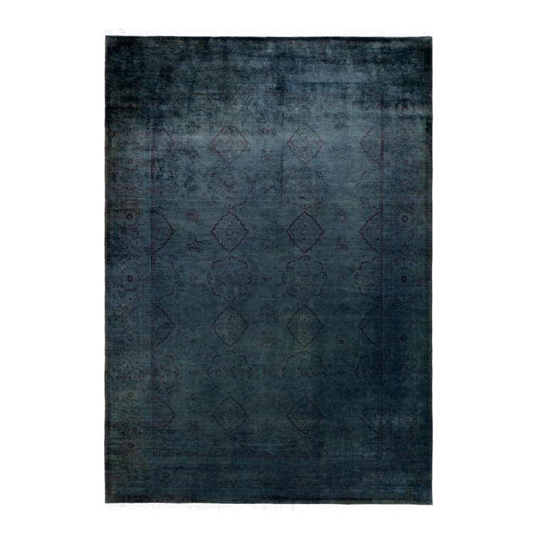Hand Knotted Ivory and Blue Wool Rectangular Area Rug