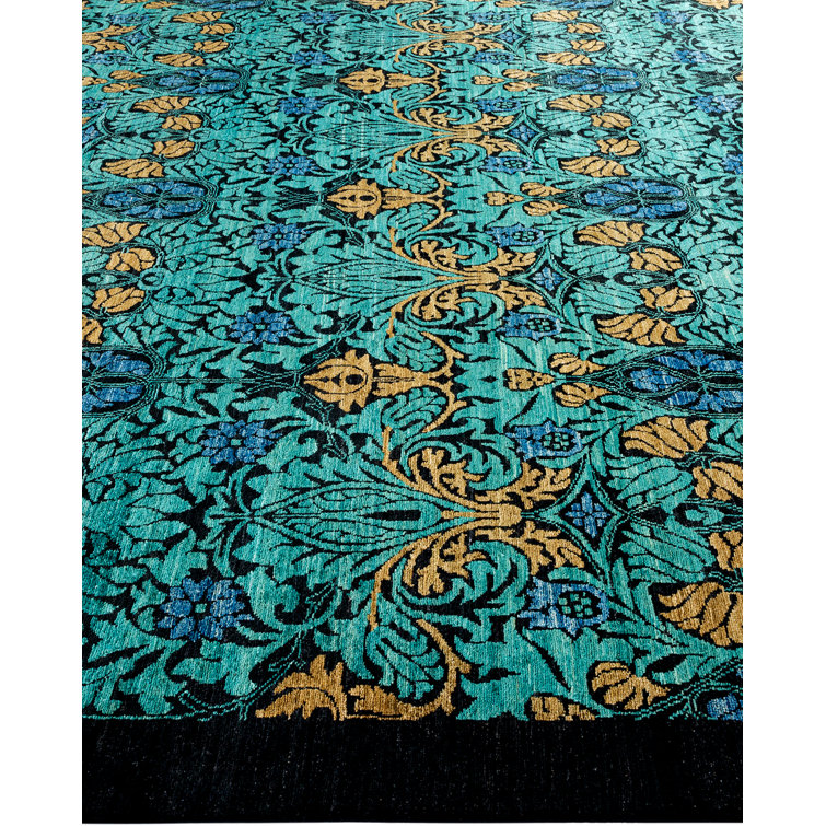 Hand-Knotted Black Floral Wool Rectangular Area Rug 8' x 10'