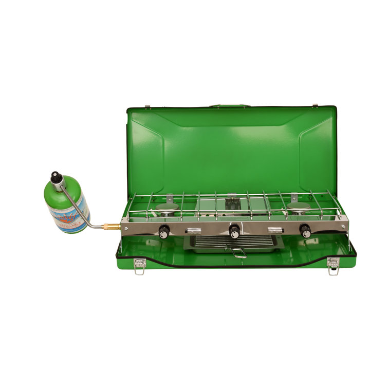 Green 3-Burner Portable Gas Camping Stove with Toast Tray