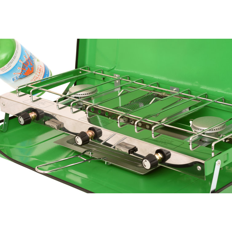 Green 3-Burner Portable Gas Camping Stove with Toast Tray