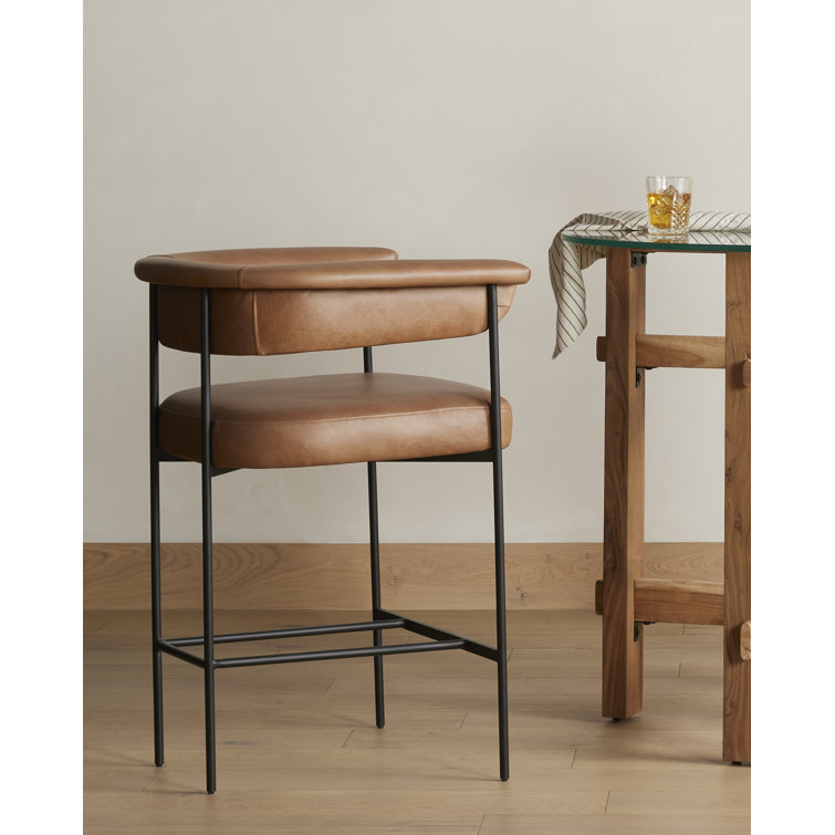 Contemporary Chaps Saddle Brown Leather Counter Stool with Matte Black Metal