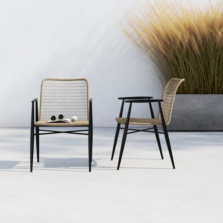 Gray Wicker and Black Metal Outdoor Dining Armchair Set