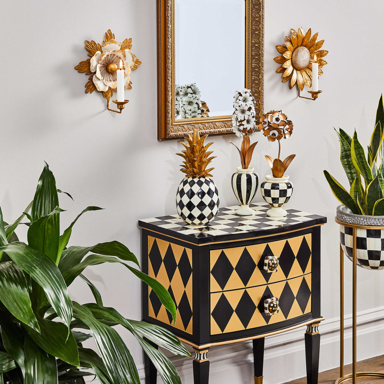 Hand-Painted Black and White Resin Pineapple Sculpture with Gold Crown