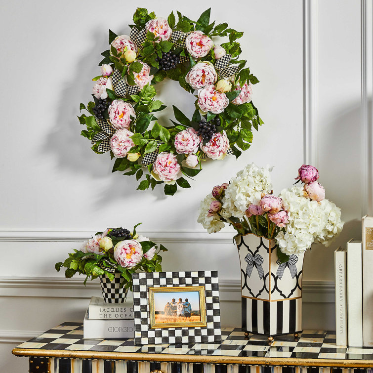Pink Peony Floral Arrangement in Ceramic Checkered Pot