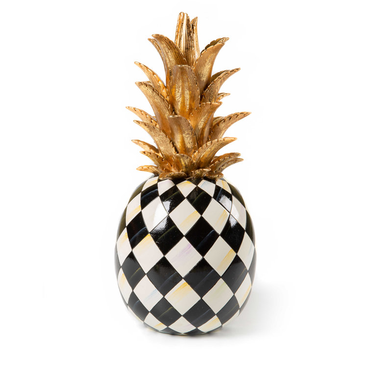 Hand-Painted Black and White Resin Pineapple Sculpture with Gold Crown