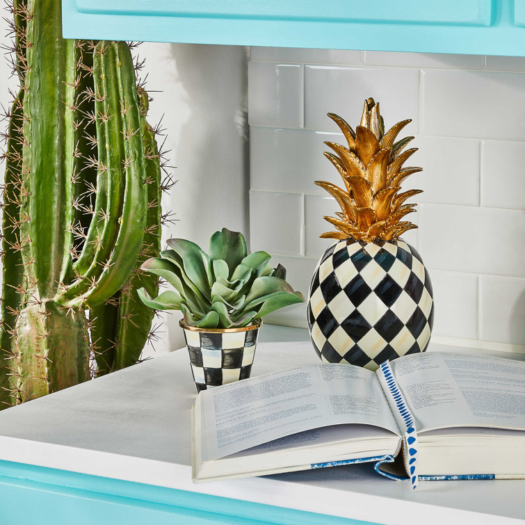 Hand-Painted Black and White Resin Pineapple Sculpture with Gold Crown