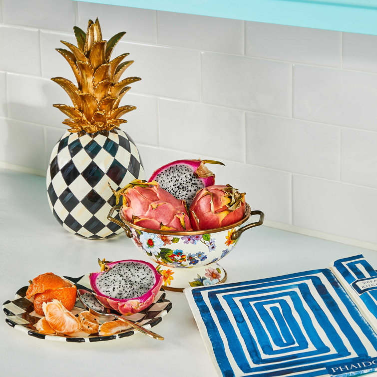 Hand-Painted Black and White Resin Pineapple Sculpture with Gold Crown