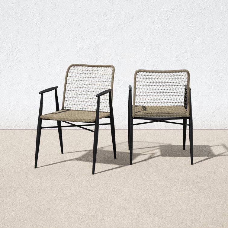 Gray Wicker and Black Metal Outdoor Dining Armchair Set
