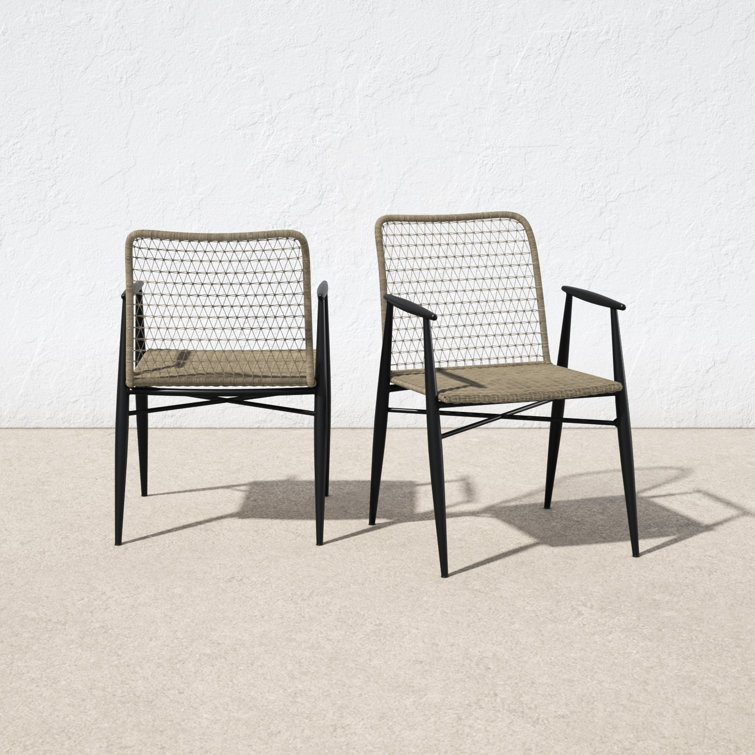 Gray Wicker and Black Metal Outdoor Dining Armchair Set
