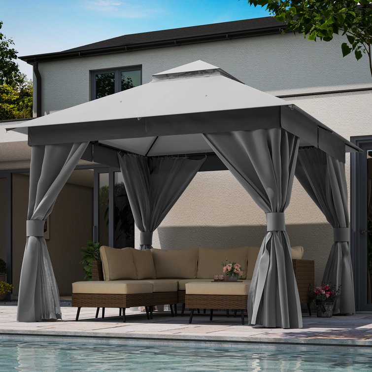 Gray Steel 8x8 Patio Gazebo with Curtains