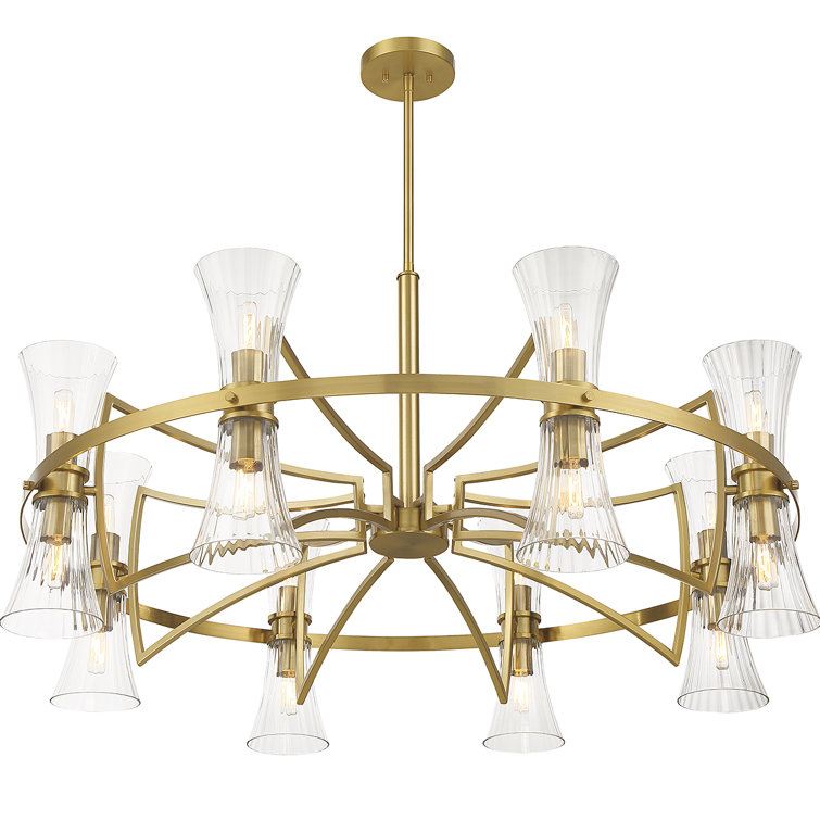Bennington 16-Light Warm Brass Chandelier with Clear Ribbed Glass Shades