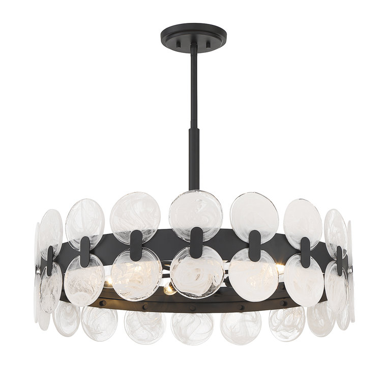 Matte Black 6-Light Drum Chandelier with Strie Piastra Glass