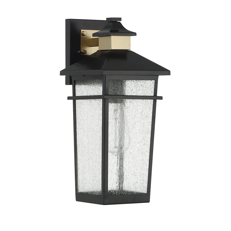 Matte Black and Brass Outdoor Lantern Sconce with Seeded Glass