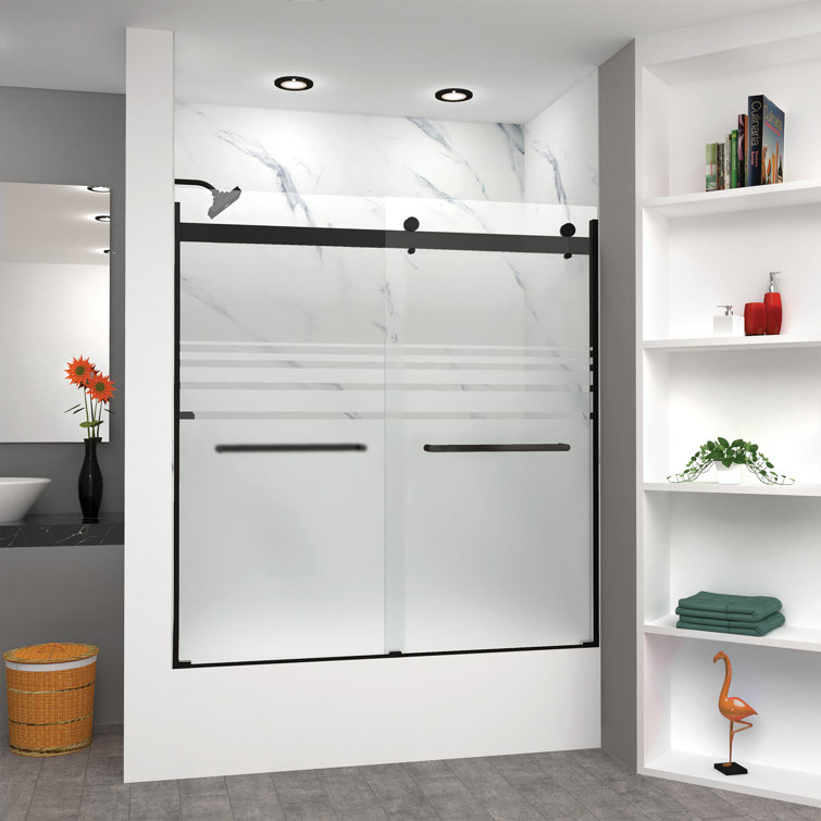 Matte Black 60" x 62" Frameless Sliding Shower Door with Frosted Glass