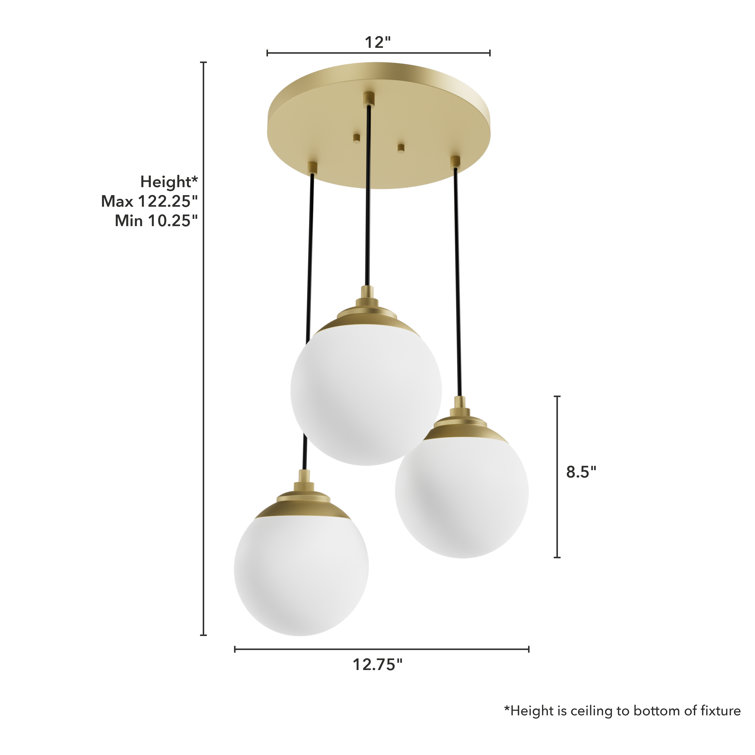 Modern Brass 3-Light Globe Pendant with Cased White Glass