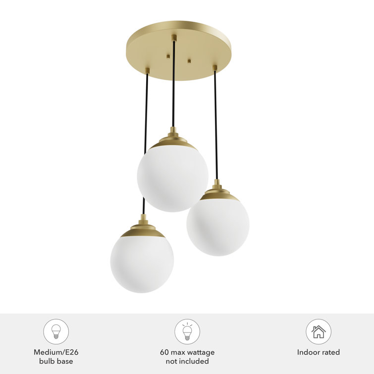 Modern Brass 3-Light Globe Pendant with Cased White Glass