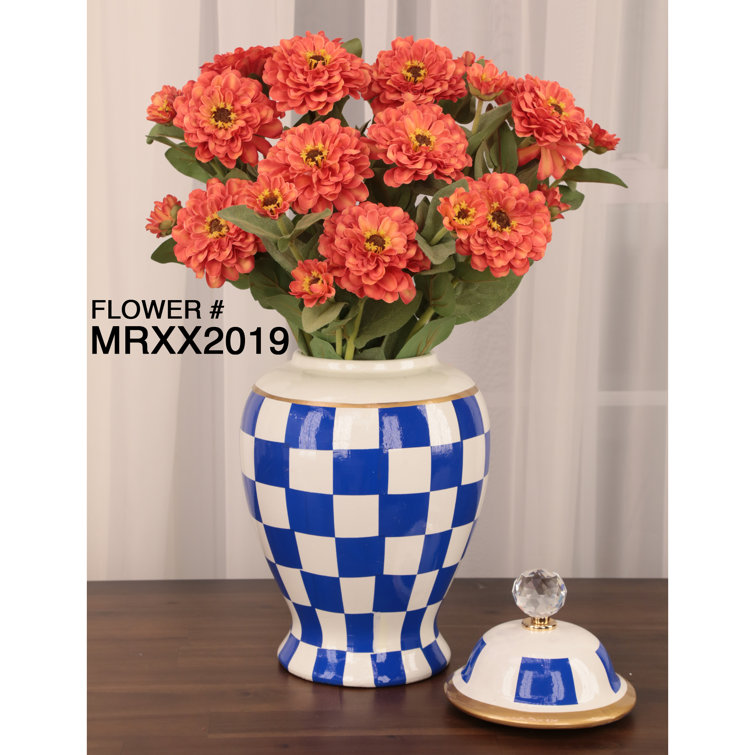 Large Blue and White Ceramic Checkered Urn with Crystal Lid