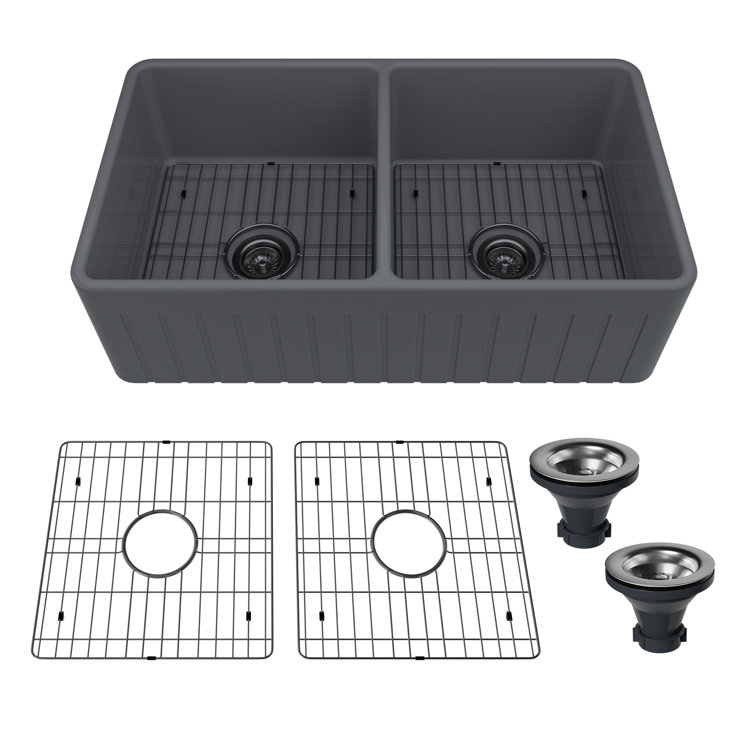 33" L x 18" W Double Bowl Fireclay Farmhouse Kitchen Sink with Sink Grid