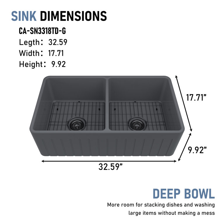 33" L x 18" W Double Bowl Fireclay Farmhouse Kitchen Sink with Sink Grid