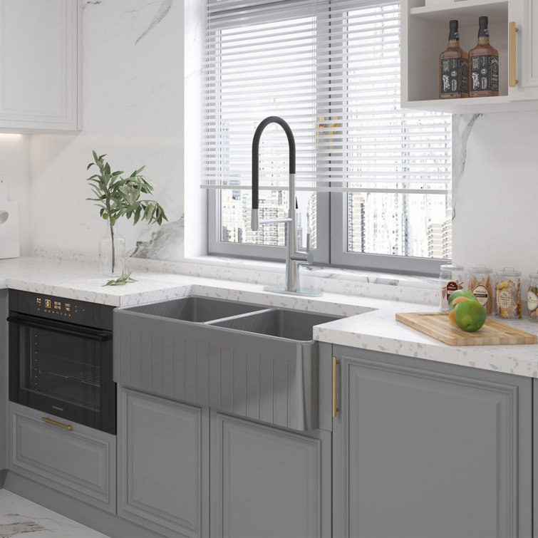 33" L x 18" W Double Bowl Fireclay Farmhouse Kitchen Sink with Sink Grid