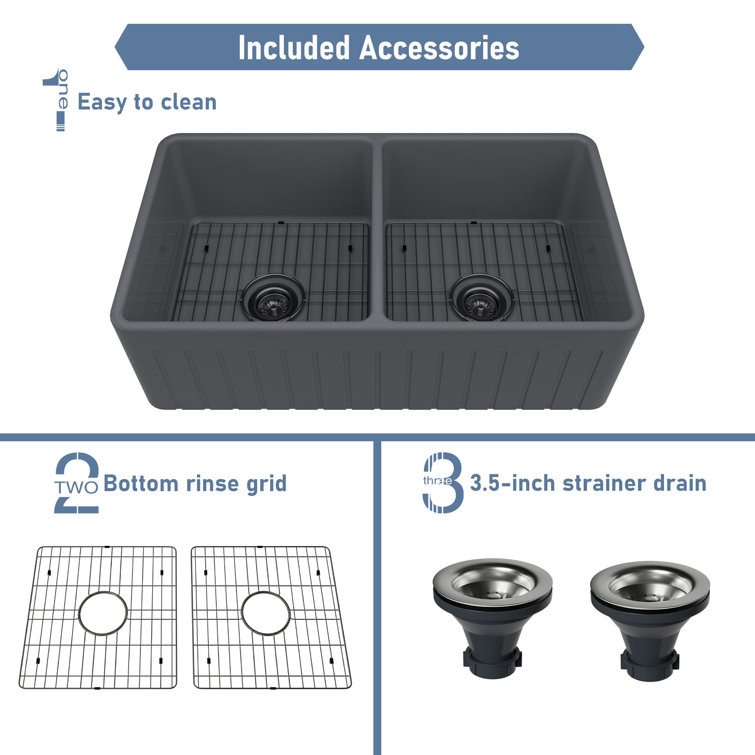 33" L x 18" W Double Bowl Fireclay Farmhouse Kitchen Sink with Sink Grid